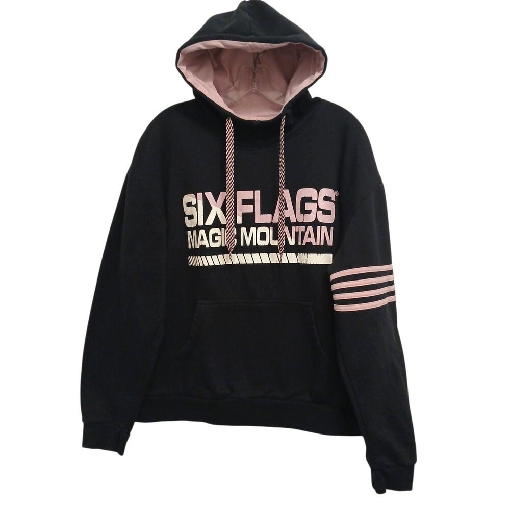 Vtg 2000s Six Flags Magic Mountain Hoodie Women‎ XL Black Rollercoaster Tracks